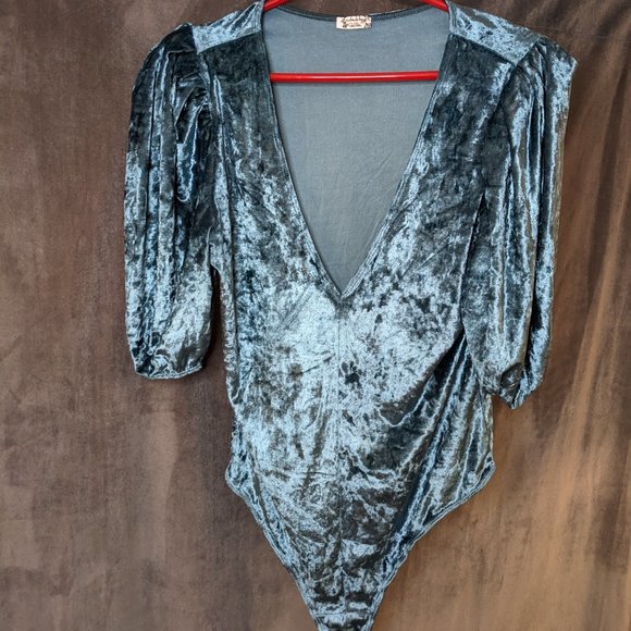 Free People Teal and/or Silver Don't You Wish Velvet Bodysuit (Large/US10/US12) - Picture 10 of 14